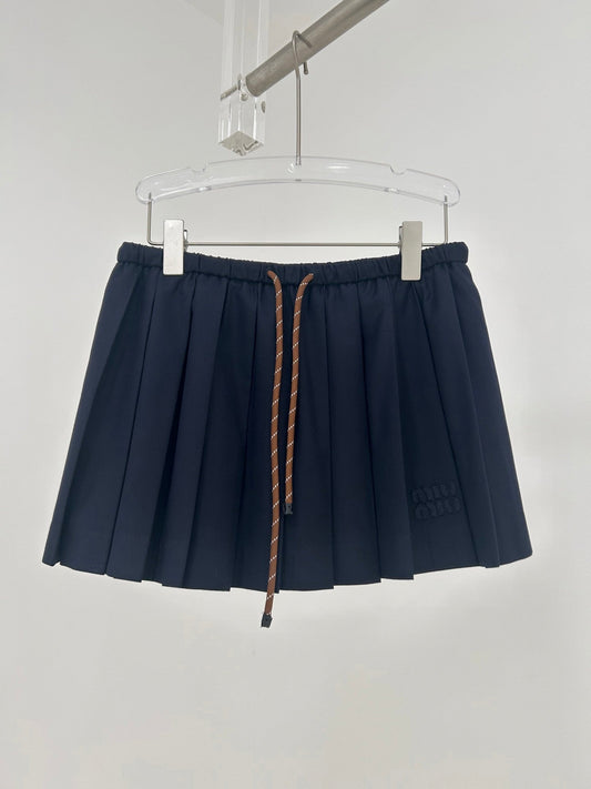 Drawstring Waist Navy Pleated Mini Skirt