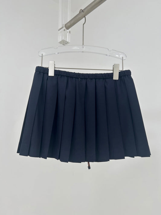 Drawstring Waist Navy Pleated Mini Skirt