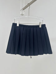 Drawstring Waist Navy Pleated Mini Skirt