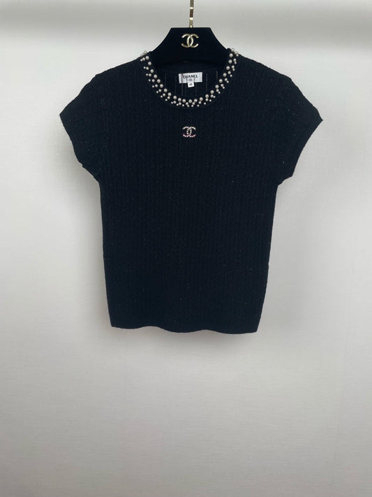 Pearl-Trim Ribbed Knit Short-Sleeve Top