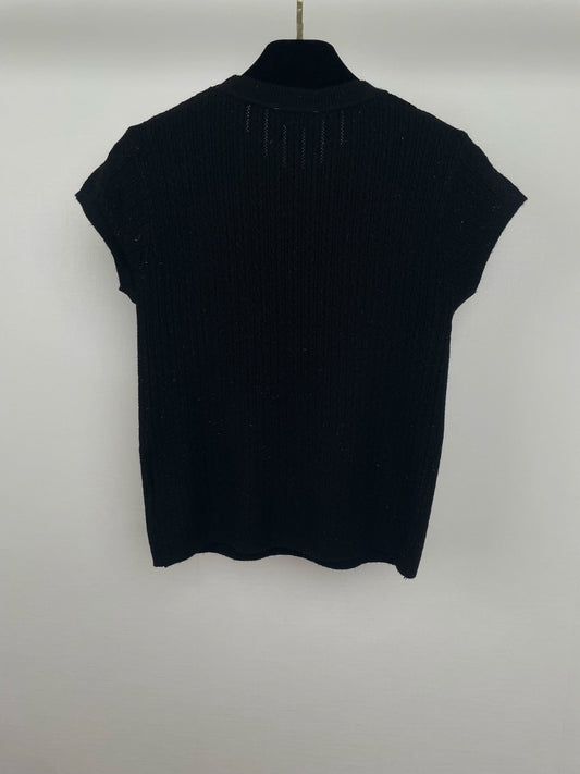 Pearl-Trim Ribbed Knit Short-Sleeve Top