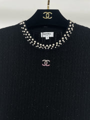 Pearl-Trim Ribbed Knit Short-Sleeve Top