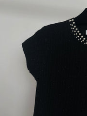 Pearl-Trim Ribbed Knit Short-Sleeve Top