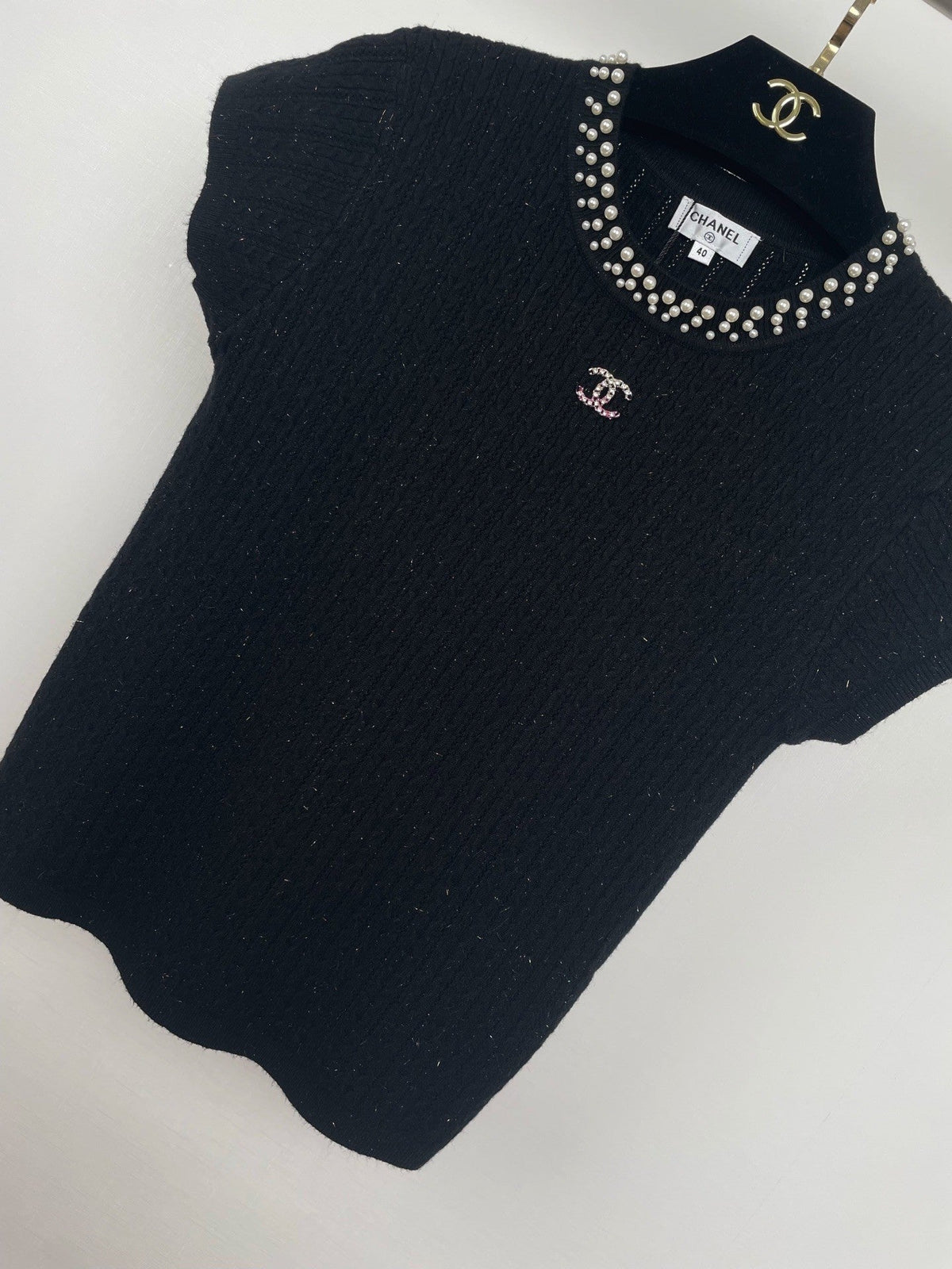 Pearl-Trim Ribbed Knit Short-Sleeve Top