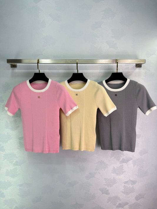 T-shirts à manches courtes en tricot côtelé à blocs de couleurs 