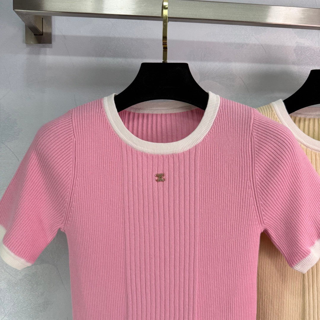 T-shirts à manches courtes en tricot côtelé à blocs de couleurs 