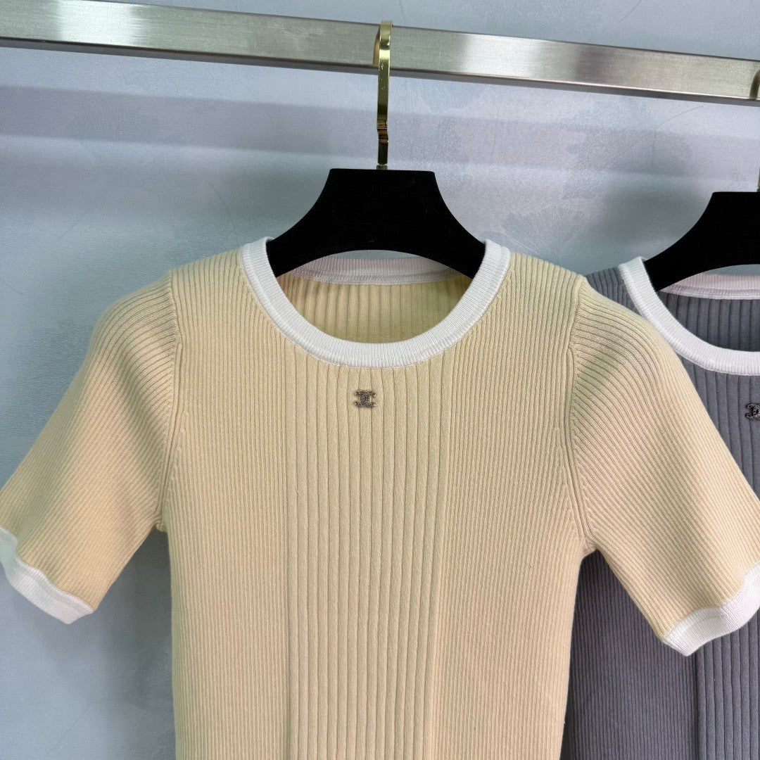 T-shirts à manches courtes en tricot côtelé à blocs de couleurs 