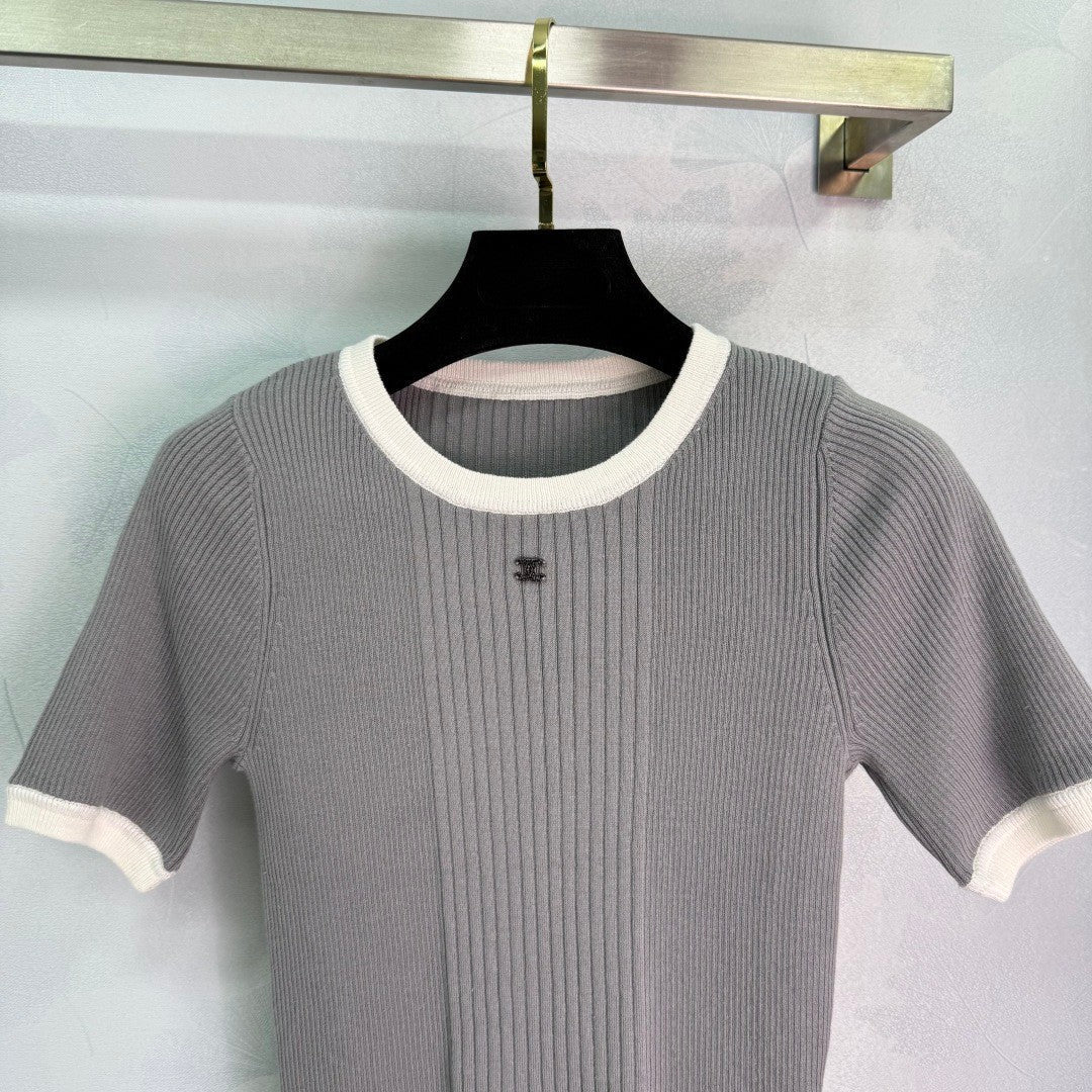 T-shirts à manches courtes en tricot côtelé à blocs de couleurs 