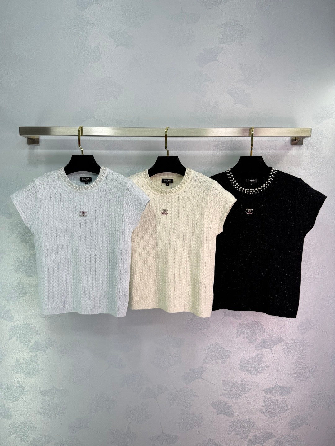 Pearl-Trim Textured Knit Short-Sleeve Tops