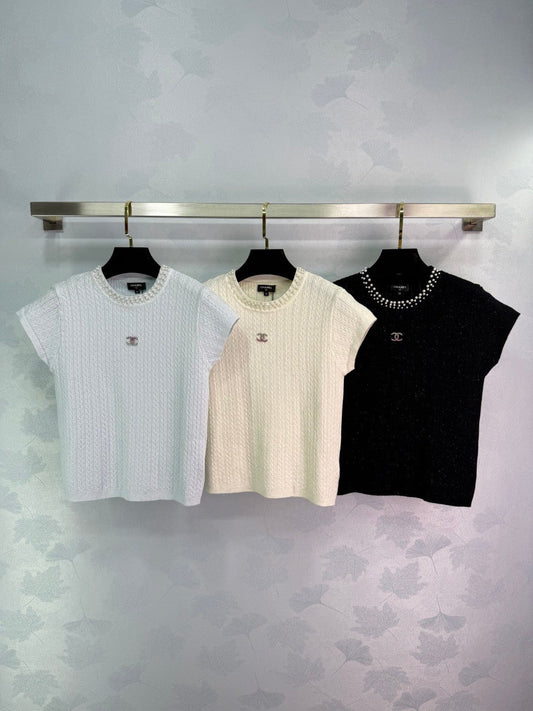 Pearl-Trim Textured Knit Short-Sleeve Tops