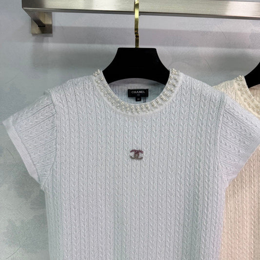 Pearl-Trim Textured Knit Short-Sleeve Tops