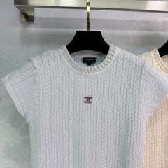 Pearl-Trim Textured Knit Short-Sleeve Tops