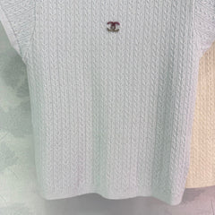 Pearl-Trim Textured Knit Short-Sleeve Tops