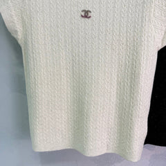 Pearl-Trim Textured Knit Short-Sleeve Tops