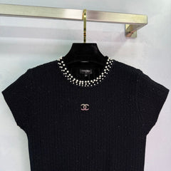 Pearl-Trim Textured Knit Short-Sleeve Tops
