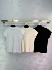 Pearl-Trim Textured Knit Short-Sleeve Tops