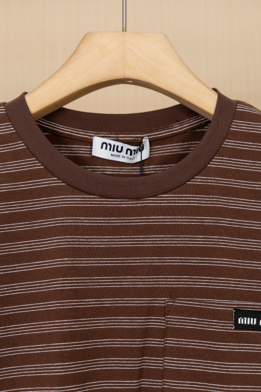 Mocha Slanted-Stripe Pocket Tee with Mini Logo Patch