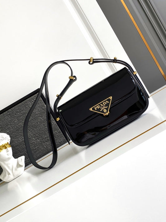 Black Patent Leather Baguette Bag with Gold Accents