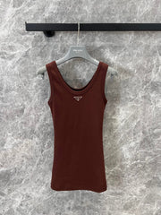 Chocolate Ribbed Tank with Subtle Geometric Accent