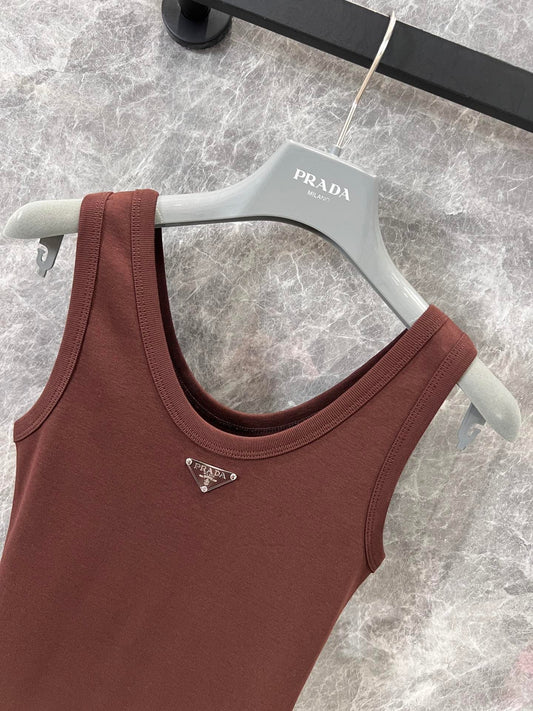 Chocolate Ribbed Tank with Subtle Geometric Accent