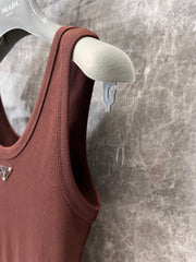 Chocolate Ribbed Tank with Subtle Geometric Accent
