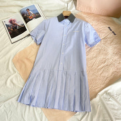 Blue Pinstripe Collared Shirt Dress with Pleated Hem