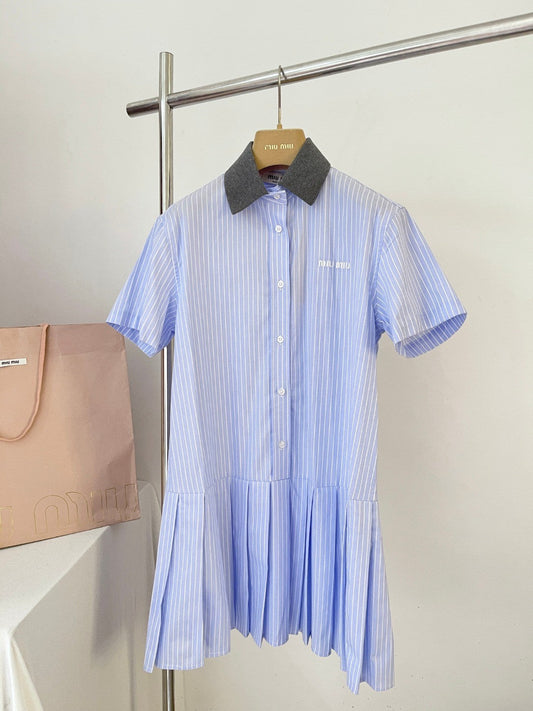 Blue Pinstripe Collared Shirt Dress with Pleated Hem