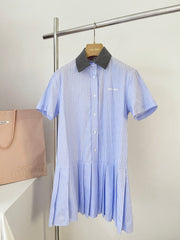 Blue Pinstripe Collared Shirt Dress with Pleated Hem