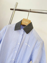 Blue Pinstripe Collared Shirt Dress with Pleated Hem