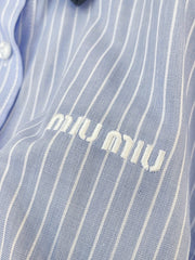 Blue Pinstripe Collared Shirt Dress with Pleated Hem