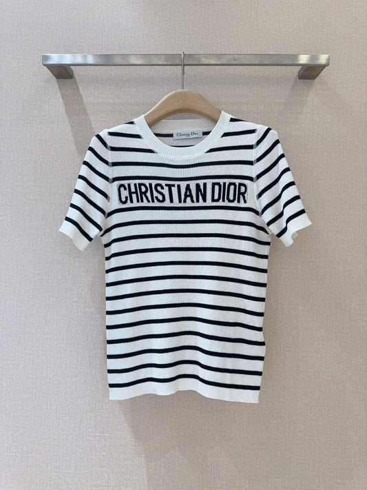 Monochrome Stripe Knit Top with Bold Text Embellishment