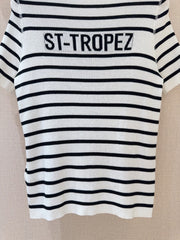Monochrome Stripe Knit Top with Bold Text Embellishment