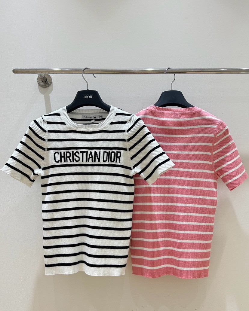 Monochrome Stripe Knit Top with Bold Text Embellishment