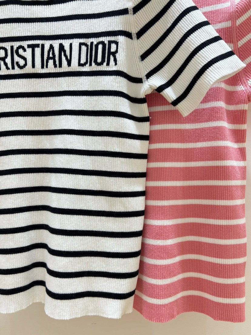 Monochrome Stripe Knit Top with Bold Text Embellishment