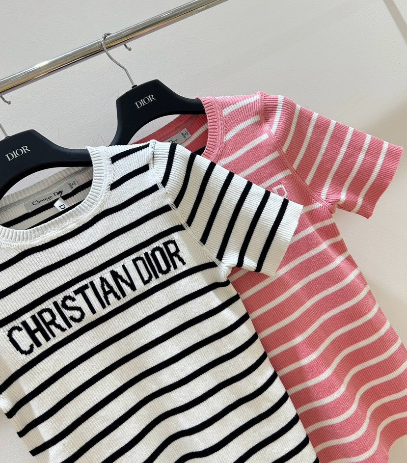 Monochrome Stripe Knit Top with Bold Text Embellishment