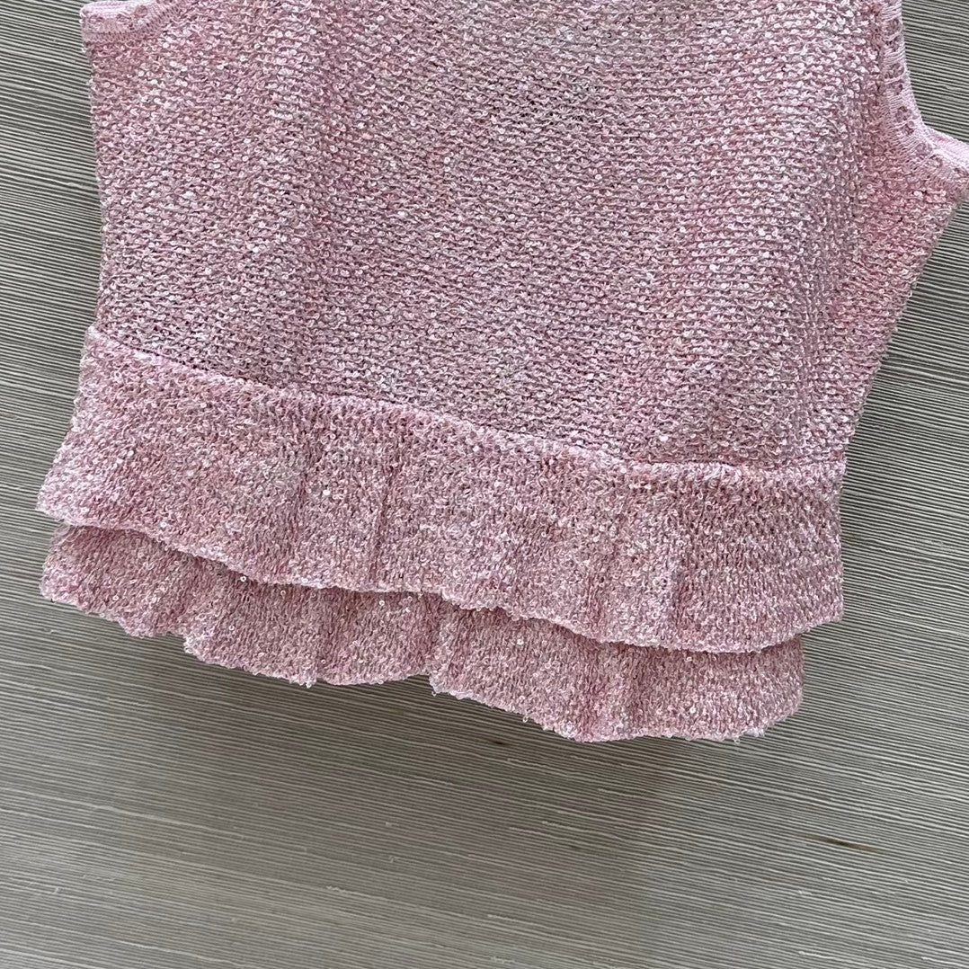 Rosafarbenes Lurex-Strick-Camisole mit Rüschensaum 