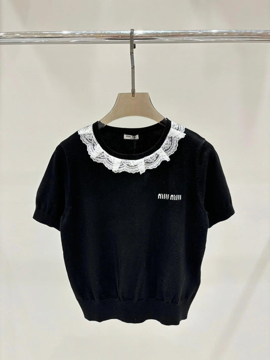 Lace round neck knitted short sleeves