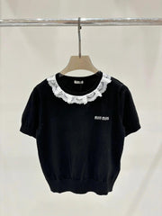 Lace round neck knitted short sleeves