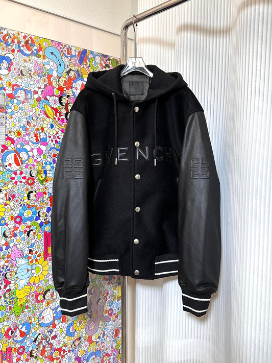 Veste de baseball à capuche en cuir patchwork classique