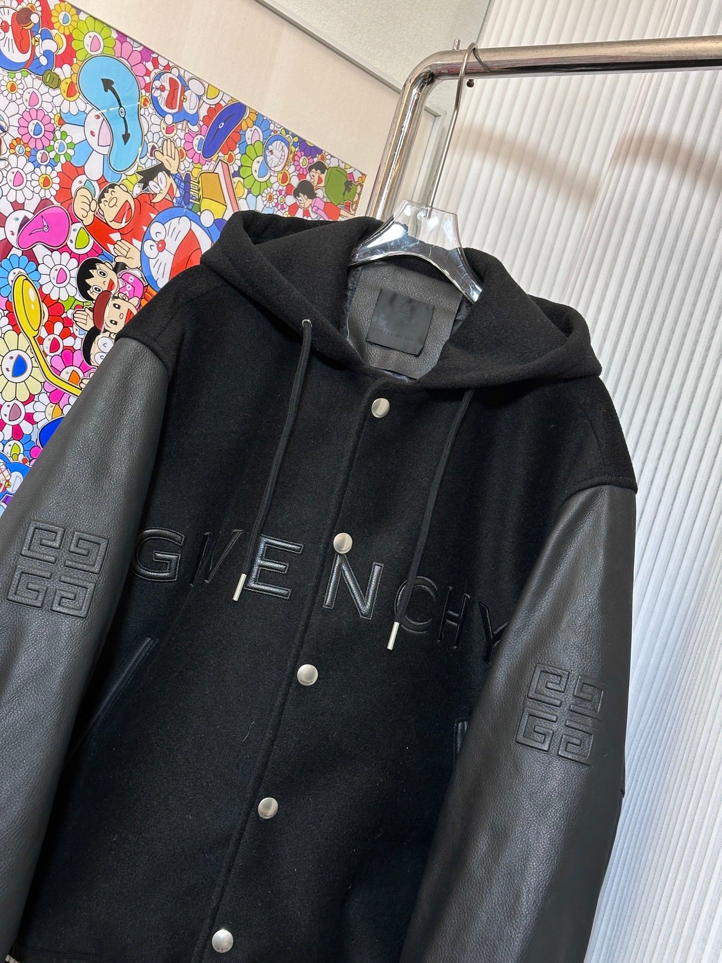 Veste de baseball à capuche en cuir patchwork classique