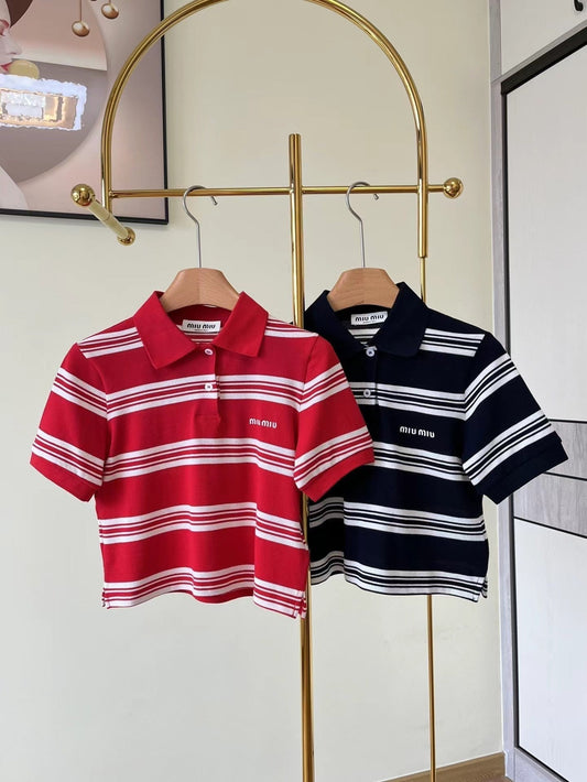 Nouveau polo court en tricot rayé à manches courtes