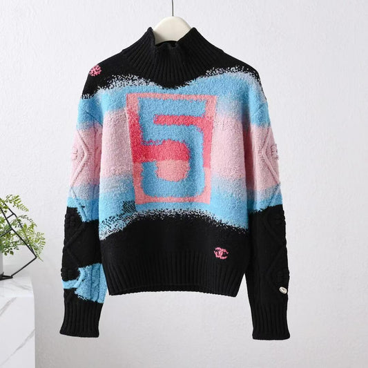 Nouveau pull tricoté à manches longues et blocs de couleurs