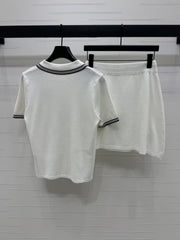 Contrast color polo collar short-sleeved knitted shorts set