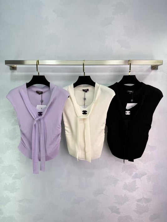 Gilet en tricot plissé à col en V