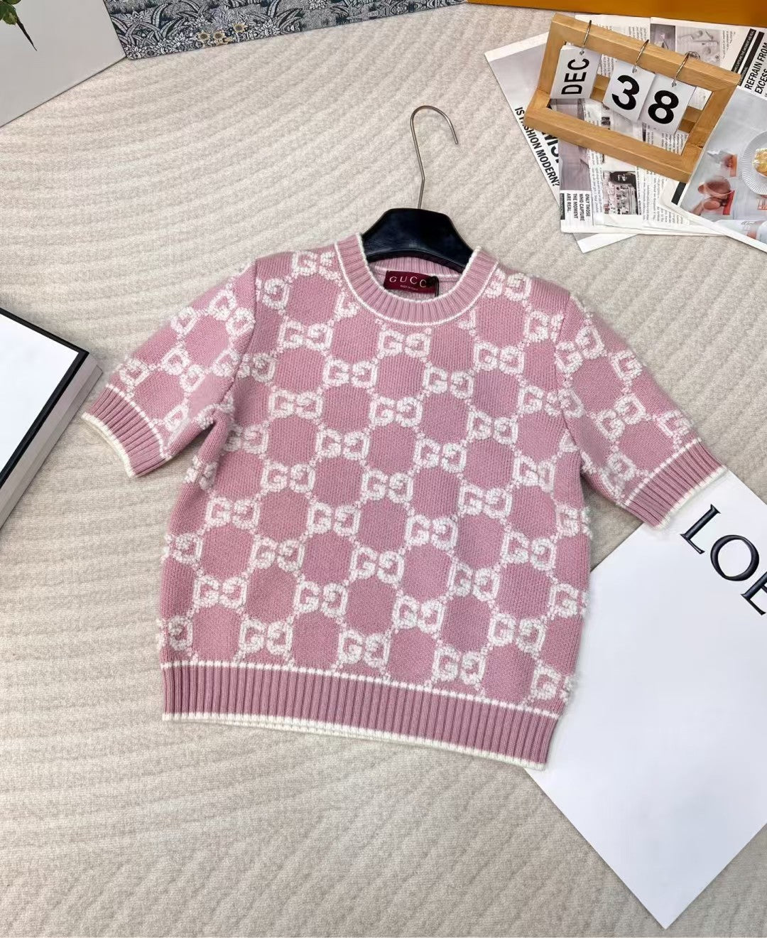 Pull en laine tricoté jacquard classique à col rond et manches courtes