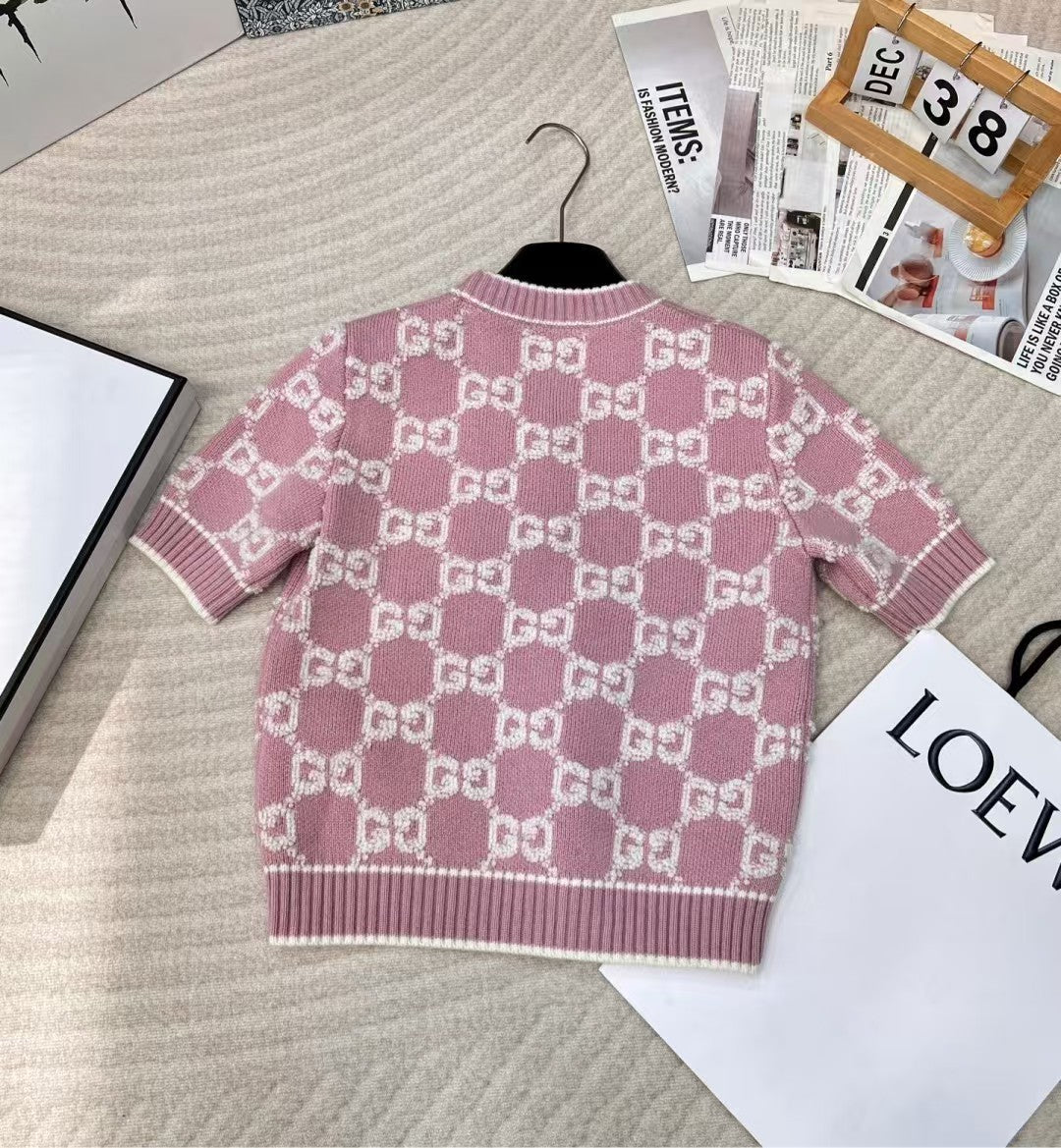 Pull en laine tricoté jacquard classique à col rond et manches courtes