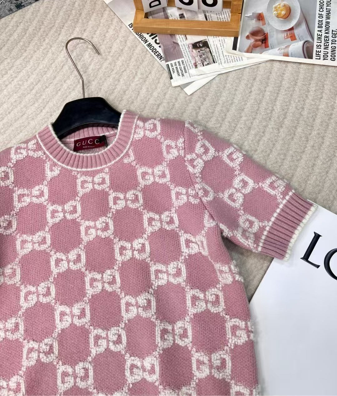 Pull en laine tricoté jacquard classique à col rond et manches courtes