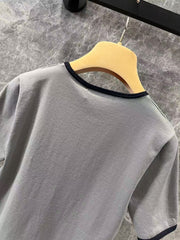Contrast color knitted crew neck short sleeve top