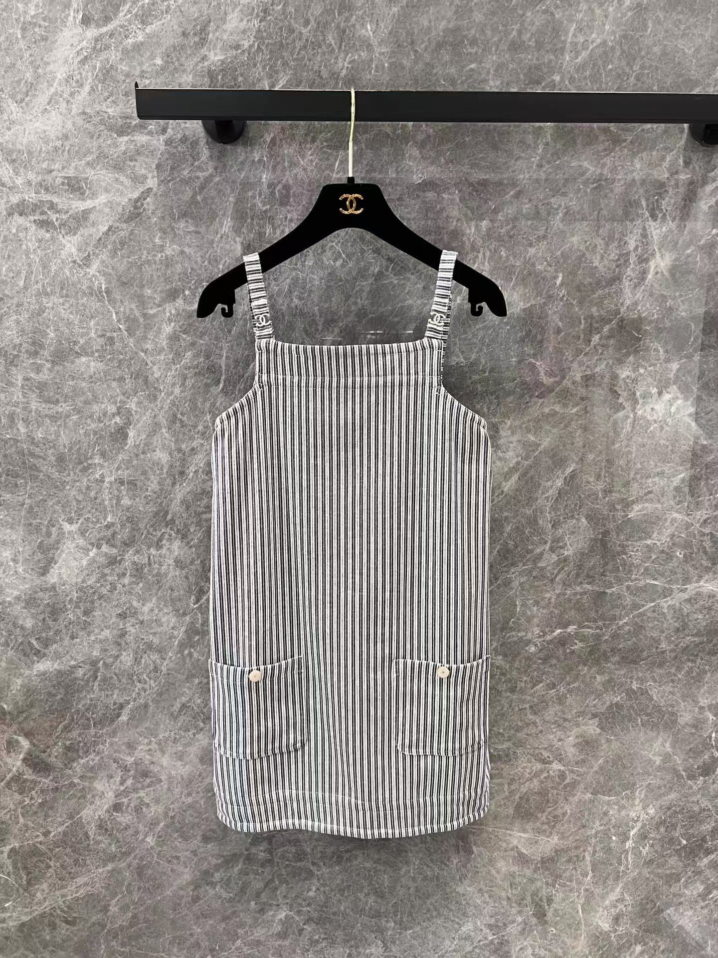 Metallic micro logo striped suspender skirt