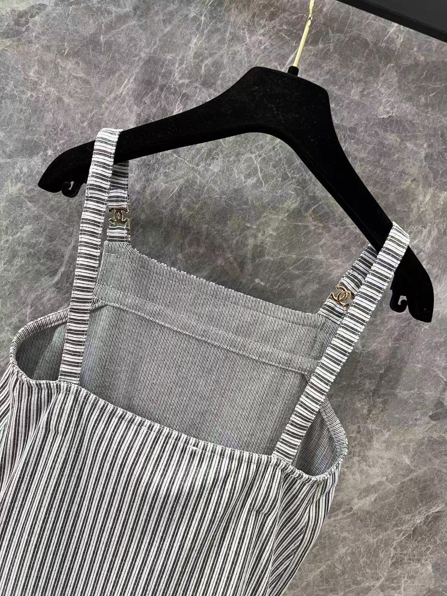 Metallic micro logo striped suspender skirt